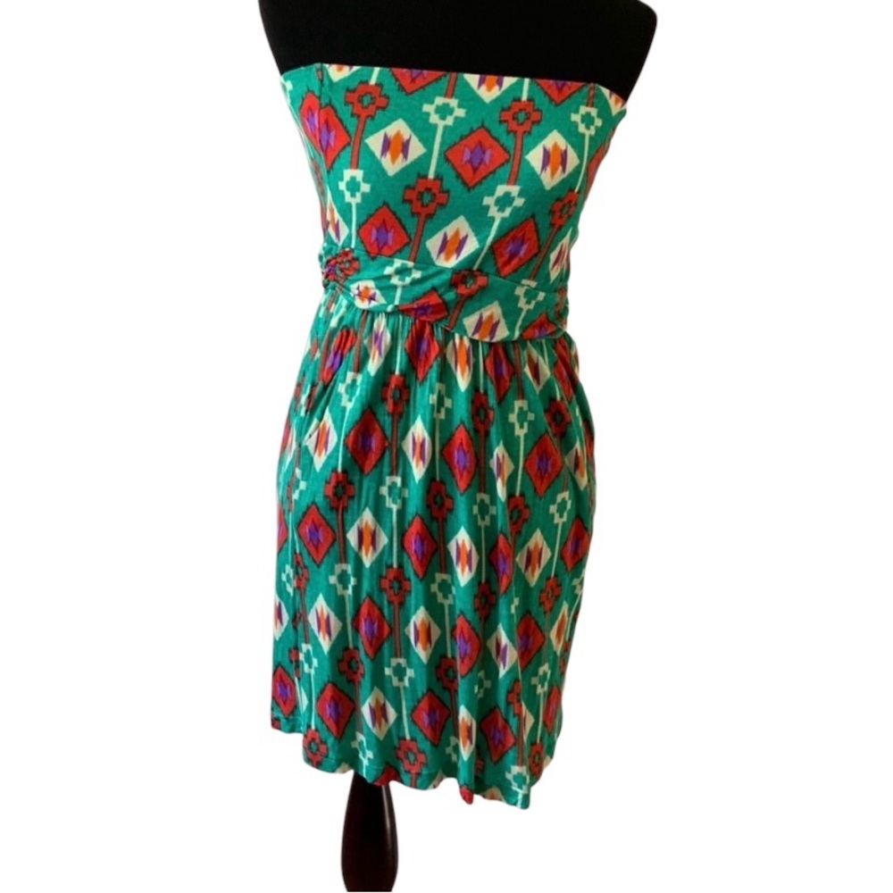 Fantastic Fawn Green Aztec Strapless Short Sundress w/ Pockets Women’s Small